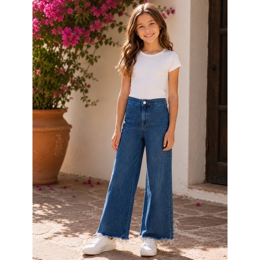 ZARA Girls Wide Leg Jeans 9-10 Y 140 Raw Hem Blue Denim High Rise Stretch